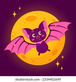 Cute bat flying on the background of the full moon, cartoon style, happy halloween, background