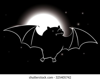Cute bat flying in a starry night with a full moon shining.