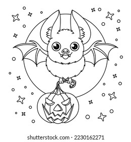 Cute bat flying take pumpkin. Coloring book for children. Cartoon vector illustration.