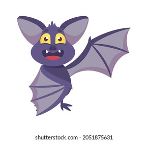 Cute Bat mit sonnigem Gesicht und Membranen einzeln auf weißem Hintergrund. Halloween Cartoon Charakter Happy Emotion, Comic Personage mit Lächeln Muzzle, Vampire Winged Animal. Vektorgrafik