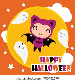 Cute bat girl flies with ghosts on night background vector cartoon illustration for halloween card design, wallpaper and kid t-shirt design