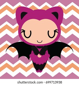 Cute bat girl sleeps on chevron background vector cartoon illustration for halloween card design, wallpaper and kid t-shirt design
