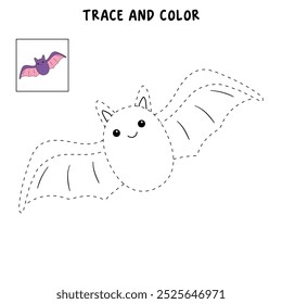 Cute bat halloween coloring pages for kids. Trace and color bat halloween. Vampire bat animal halloween vector. Coloring book for kids. Kindergarten and preschool worksheets printable for kids.