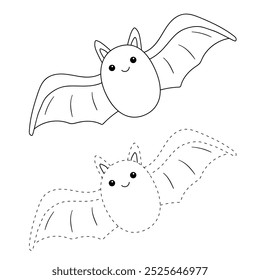 Cute bat halloween coloring pages for kids. Trace and color bat halloween. Vampire bat animal halloween vector. Coloring book for kids. Kindergarten and preschool worksheets printable for kids.