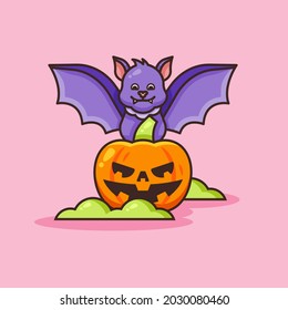 Cute bat with Halloween Pumpkin Illustration.