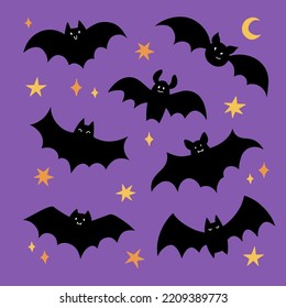 Cute bat halloween set. Hand drawn vector illustration.