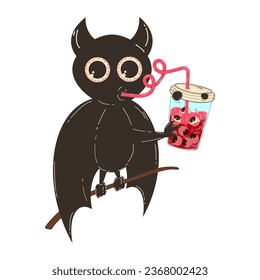 Cute bat for Halloween. Vector character illustration in flat retro cartoon style. A funny bat drinks blood through a straw from a plastic cup.