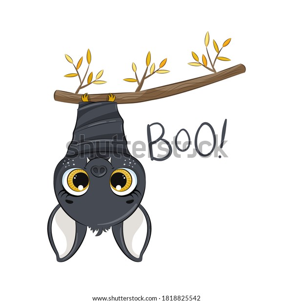 Cute Bat Hanging On Branch Happy Stock Vector (Royalty Free) 1818825542