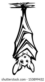 cute bat hanging on tree branch - black and white halloween character