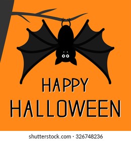 Cute bat hanging the tree  Happy Halloween card   Flat design  Orange background  Vector illustration