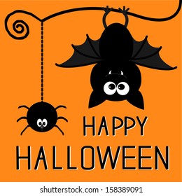 Cute bat   hanging spider  Happy Halloween card  Vector illustration