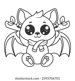 Cute bat hanging from a tree branch, for coloring