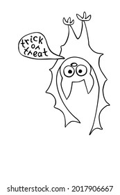 Cute bat hanging upside down, drawn in cartoon doodle style. Trick or treat. Vector contour illustration isolated on white background. For coloring book page, Halloween design, greeting card