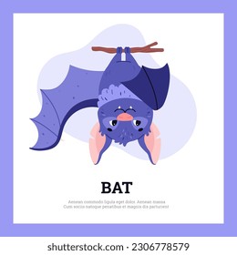 Cute bat hanging upside down on tree branch. Vector illustration on white background of Halloween cartoon symbol. Funny character of bat in blue colors.