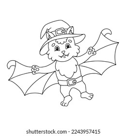 Cute bat in hat. Coloring book page for kids. Cartoon style character. Vector illustration isolated on white background.