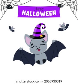 Cute Bat in a Hat and Spiders, Square White Banner for Halloween, Halloween Mood