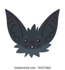 Cute bat head. Vector illustration of Halloween bat vampire icon or avatar in flat style on a white background. Bat-eared snout of dark grey flying creature. Element for your design, print, card.