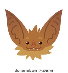 Cute bat head. Vector illustration of Halloween bat vampire icon or avatar in flat style isolated on a white background. Bat-eared snout of brown flying creature. Element for your design, print, card.