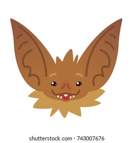 Cute bat head. Vector illustration of Halloween bat vampire icon in flat style. Bat-eared snout of brown flying creature. Element for design, print, sticker. Welcome smile emotion. Face expression. 