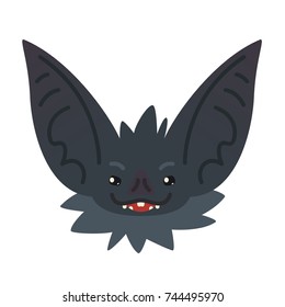 Cute bat head. Vector illustration of Halloween bat vampire icon or avatar in flat style. Bat-eared snout of grey flying creature. Emotion. Taunt face expression. Element for design, print, sticker.