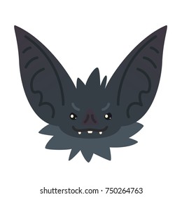 Cute bat head. Vector illustration of Halloween vampire avatar in flat style. Bat-eared snout of grey flying creature. Emotion. Tricky face expression. 