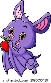 The cute bat is holding the apple for eat of illustration