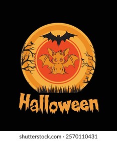 Cute bat illustration with a Halloween theme, featuring spooky trees, a bat silhouette, and orange circle background.