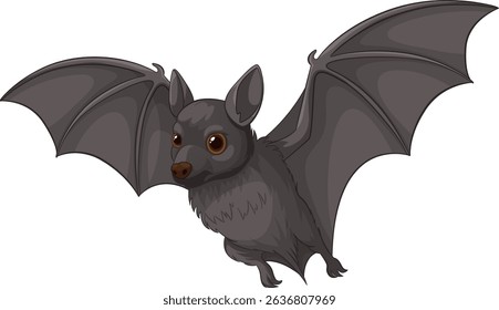 A cute bat with large eyes and detailed wings in a vector style. Dark tones and smooth lines create a whimsical appearance
