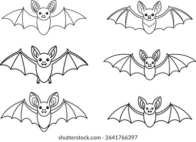 Cute Bat Line Art Vector – Halloween Flying Animal Outline Set