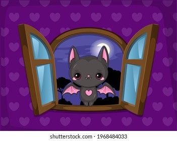 cute bat mascot in window night landscape