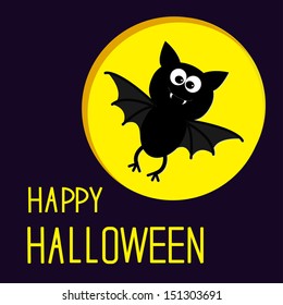 Cute bat and moon. Happy Halloween card. Vector illustration