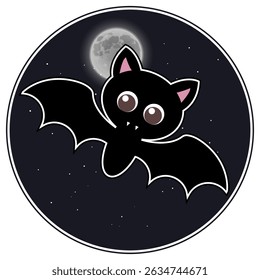 Cute bat on the background of the moon in the night sky, illustration, vector