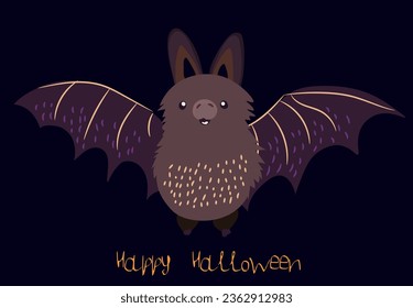 Cute bat on a black background. A Halloween symbol. Cute nocturnal predator. Vector illustration in a simple hand-drawn style for greeting cards, T-shirts, web design, banners, T-shirts, etc.
