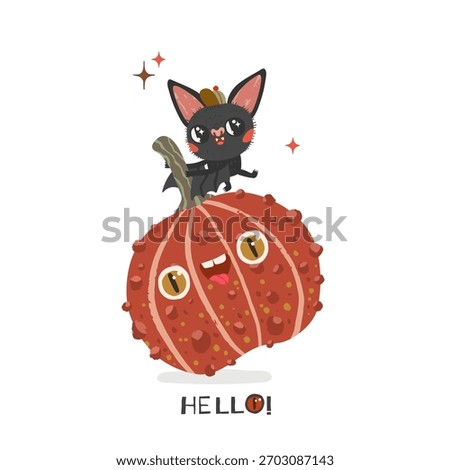 Cute bat is on top of a pumpkin. The pumpkin is orange and has a lot of bumps and quote Hello under the image.