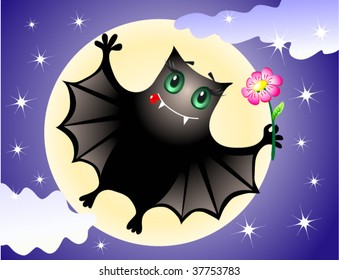 Cute bat with a pink flower