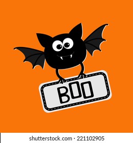 Cute bat with plate boo. Happy Halloween card. Flat design. Vector illustration