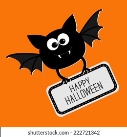 Cute bat with plate Happy Halloween card. Flat design. Vector illustration