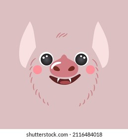 Cute bat portrait square smile head cartoon round shape animal face, isolated vampire avatar vector icon illustration. Flat simple hand drawn for kids poster, UI app mascot, t-shirts, baby clothes