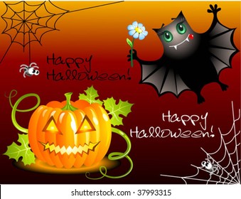 Cute bat and pumpkin congratulating you with halloween