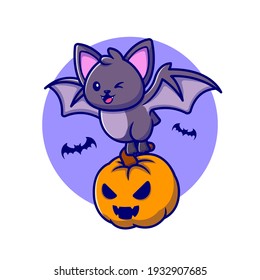 Cute Bat With Pumpkin Halloween Cartoon Vector Icon Illustration. Animal Holiday Icon Concept Isolated Premium Vector. Flat Cartoon Style