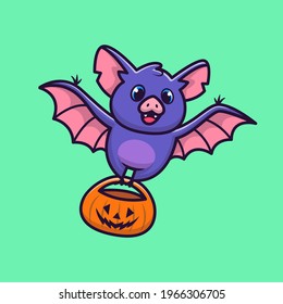 Cute Bat With Pumpkin Halloween Cartoon Vector Icon Illustration. Animal Halloween Icon Concept Isolated Premium Vector. Flat Cartoon Style