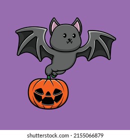 Cute Bat With Pumpkin Halloween Cartoon Vector Icon Illustration. Animal Halloween Icon Concept Isolated Premium Vector.