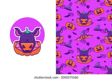 Cute bat and pumpkin happy halloween with seamless pattern