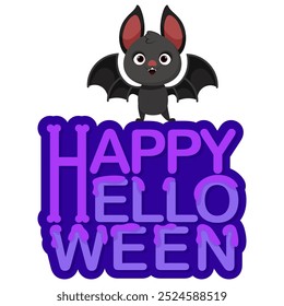 Cute bat and purple lettering with Happy Halloween inscription