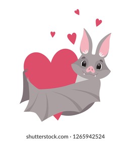 Cute bat with red heart, gray funny creature cartoon character vector Illustration on a white background