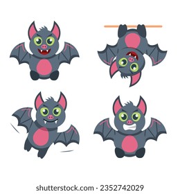 cute bat set. halloween party decorations, cartoon baby funny childish flying halloween scary bat. vector cartoon animal character.