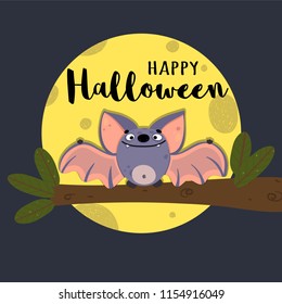 Cute bat sitting on the tree at night by the light of the moon. Vector illustration in cartoon style with inscription "Happy Halloween". Happy flittermouse for festive design.