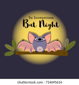 Cute bat sitting on the tree. Vector illustration in cartoon style with inscription "The international bat night". Happy flittermouse for festive design.