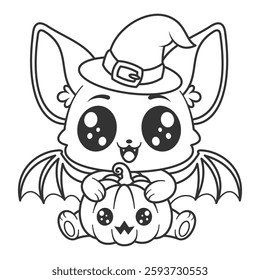 Cute bat sitting with pumpkin, for coloring