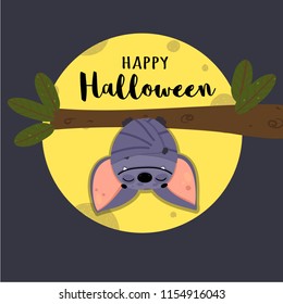 Cute bat sleeping upside down on the tree at night by the light of the moon. Vector illustration in cartoon style with inscription "Happy Halloween". Happy flittermouse for festive design.